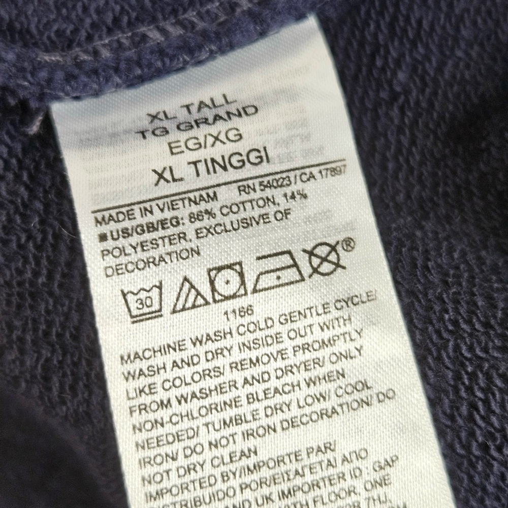 GAP Worldwide Logo Hoodie Acid Wash Navy Sweatshirt Dark Night Mens Size XL Tall - Picture 10 of 11